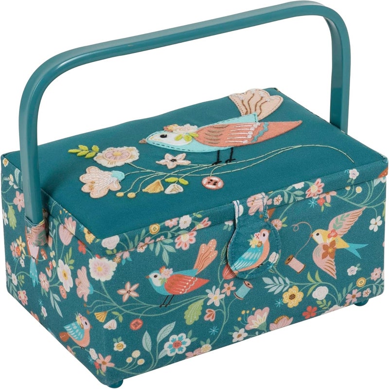 Hobby Gift Medium Sewing Box - Craft & Hobby Storage, Accessories Tray Pin Cushion Pocket PVC Handle Embroidered Lid, 9.6 x 7 x 5.7 - Bird Aviary - Image 1